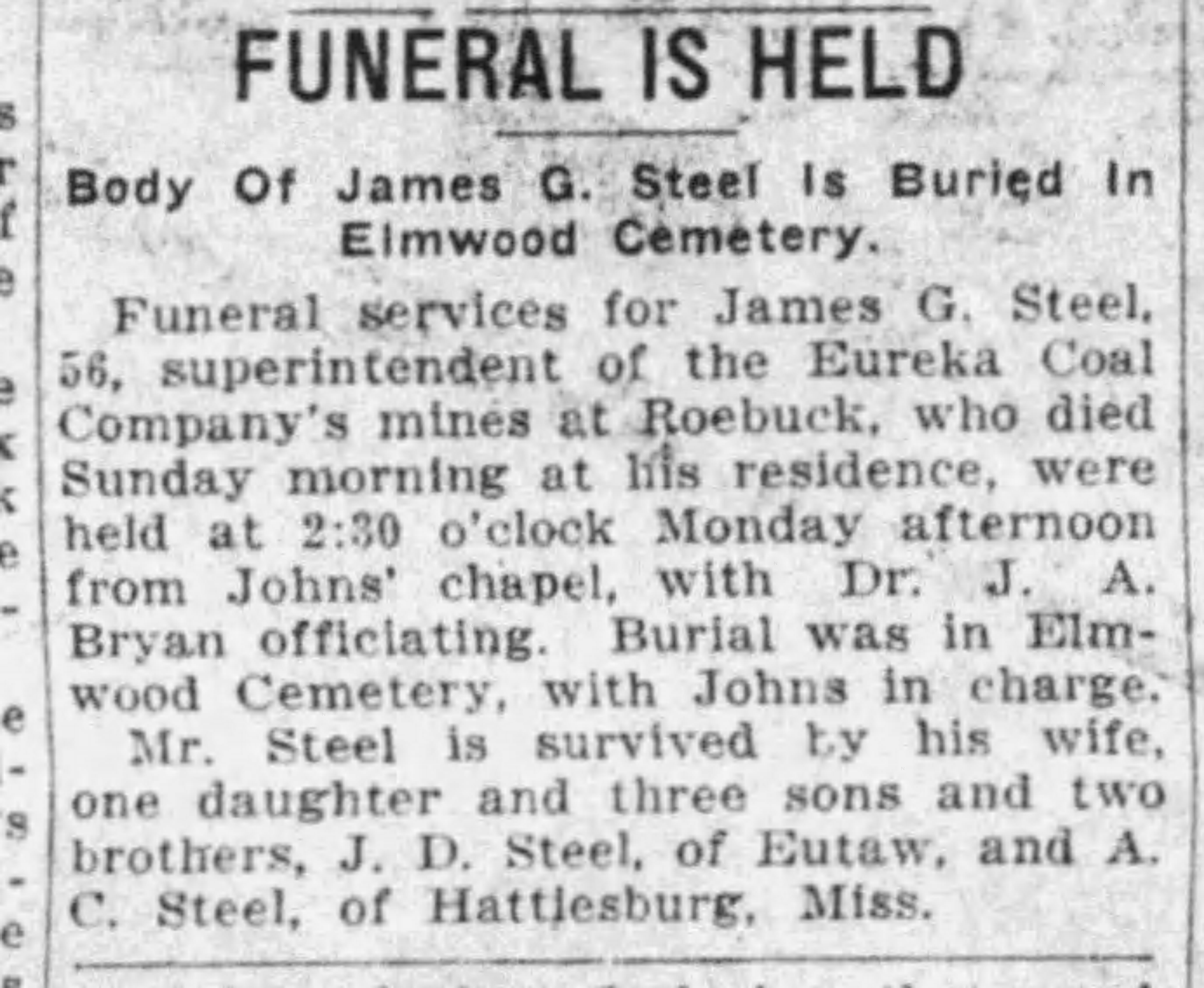Funeral Is Held for James G Steel